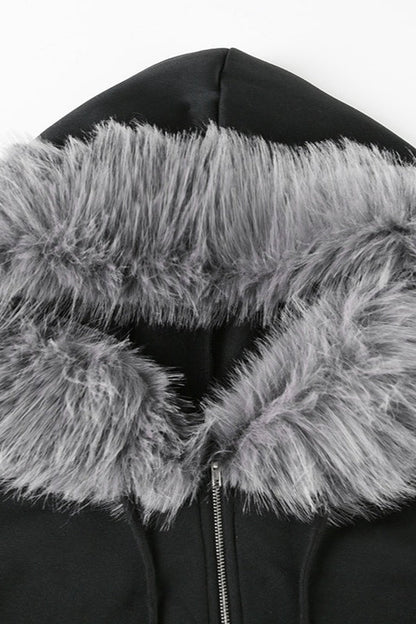 Fur Trim Hooded Zip Waist Jacket
