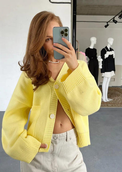 Bright Yellow Oversized Cardigan - Women’s V-Neck Knit Sweater