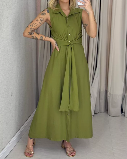 V-Neck Sleeveless Solid Color Waist Dres