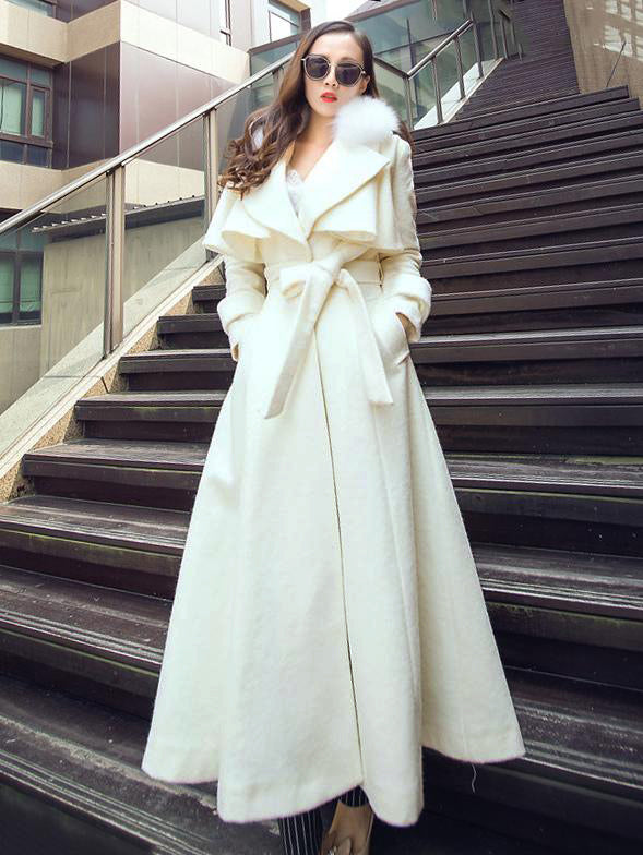 Full Length Flared Woolen Coat White Faux Fur Collar Classic Lapel Belted Slim A-line Winter Maxi Coat 2026
