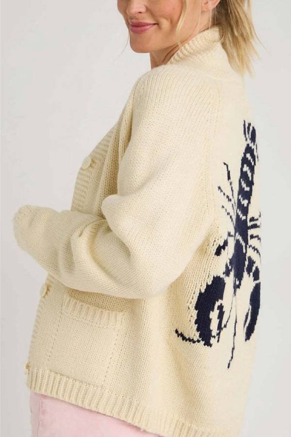 Chunky and Unique Knit Contrast Color Lobster Button Pocket Loose Cardigan