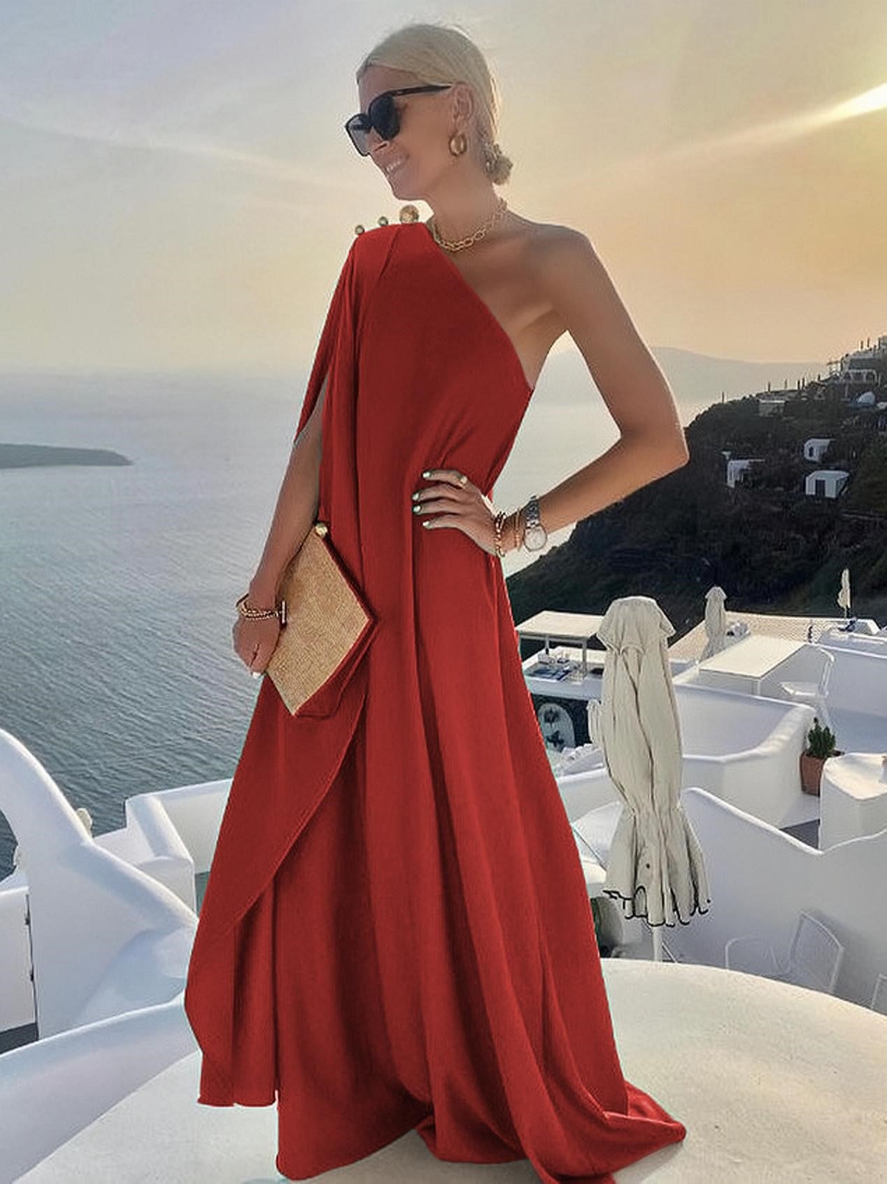 One Shoulder Maxi Dress for Women - Minimalist Cape Sleeve Drape Gown - Summer Beach Wedding Guest 2026