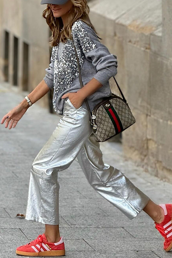 V-shaped sequined embellished pullover sweatshirt top