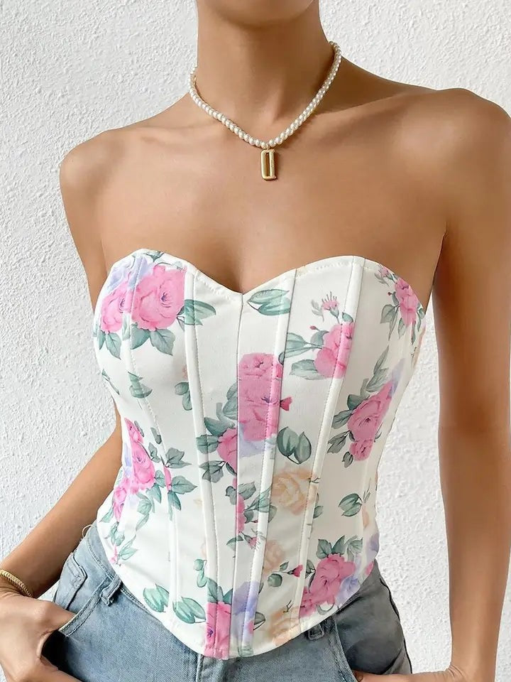 Floral Print Boning Corset Tube Top