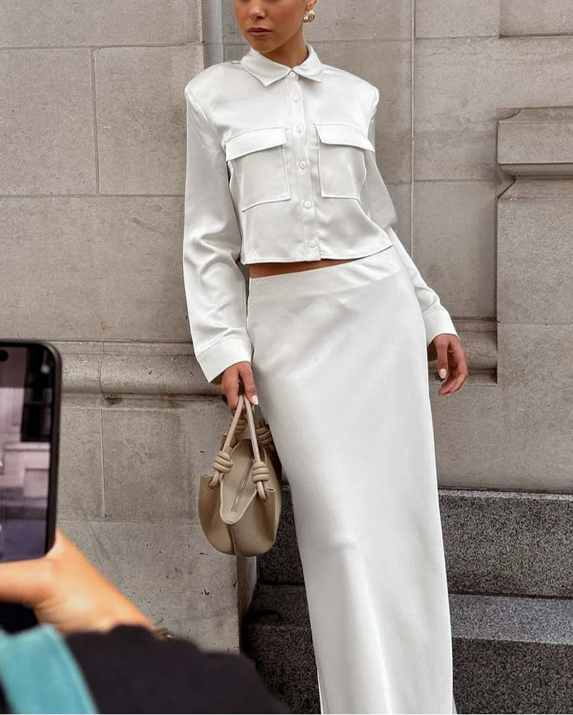 White Slim Lapel Floor Skirt Office Two Piece Set