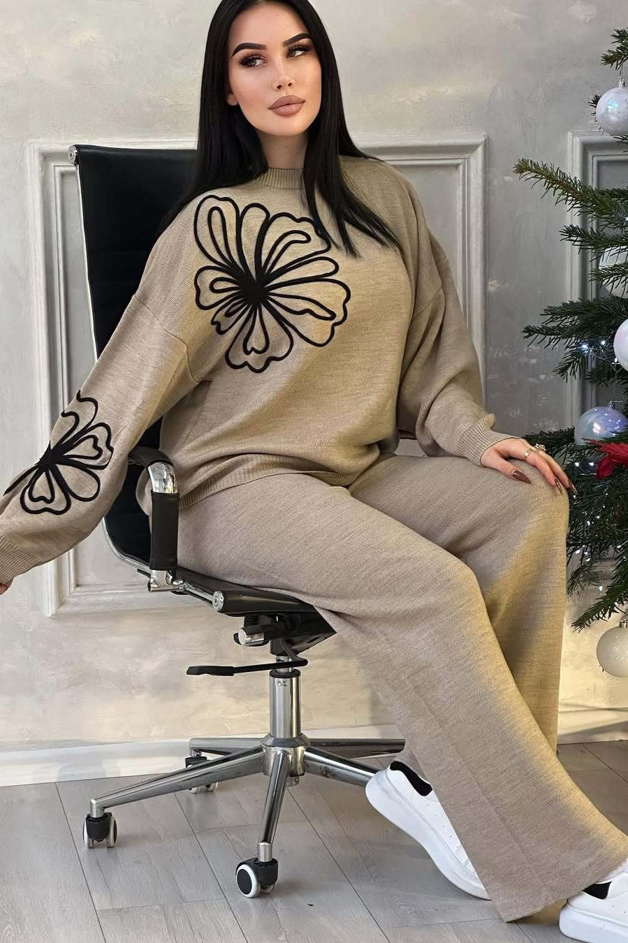 Casual Round Neck Knit Sweater with Pants Two Piece Pants Set