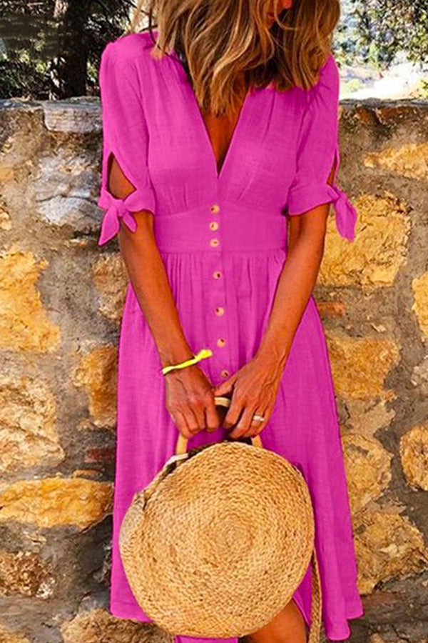 V Neck Bow Knot Sleeves Button Down Midi Swing Dress