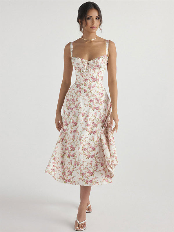 Floral Dress Midi Dress Dresses Floral Print High-slit Straps Neck Sleeveless Cottagecore Summer