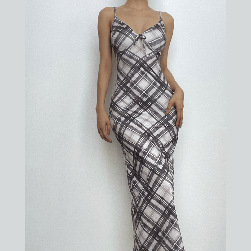 Spaghetti Strap V Neck Tie Front Plaid Print Bodycon Maxi Dress