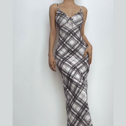 Spaghetti Strap V Neck Tie Front Plaid Print Bodycon Maxi Dress