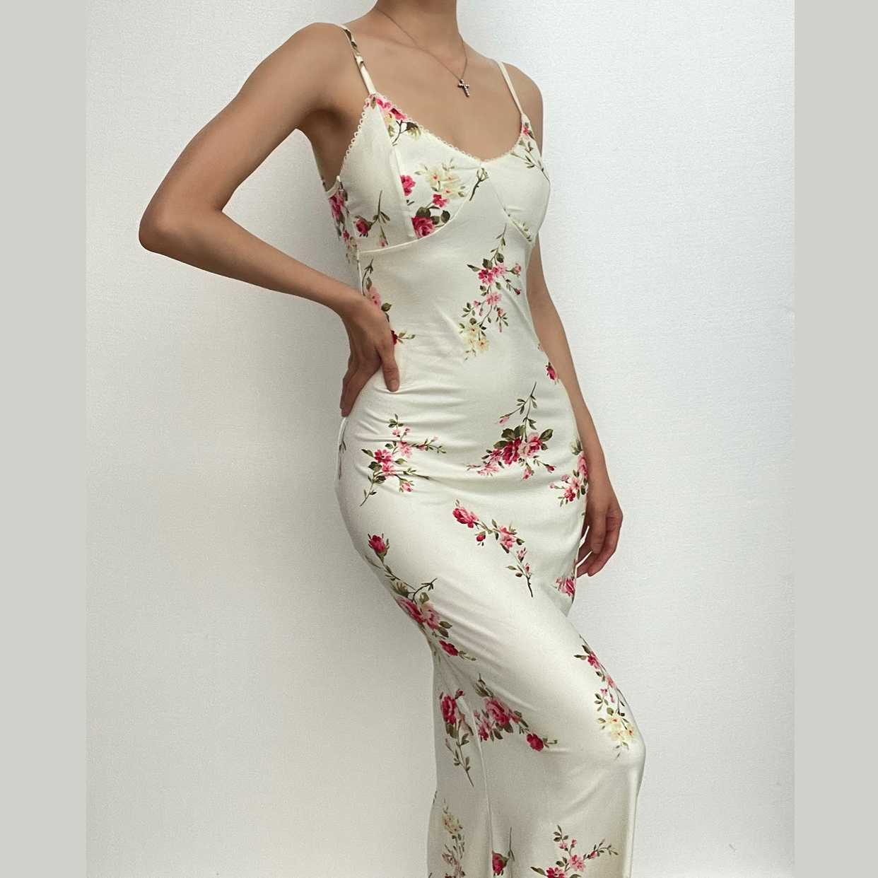 Floral Print Lace Trim V-Neck Spaghetti Strap Bodycon Maxi Dress