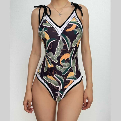 Flower pattern contrast self tie v neck backless one piece swimwear