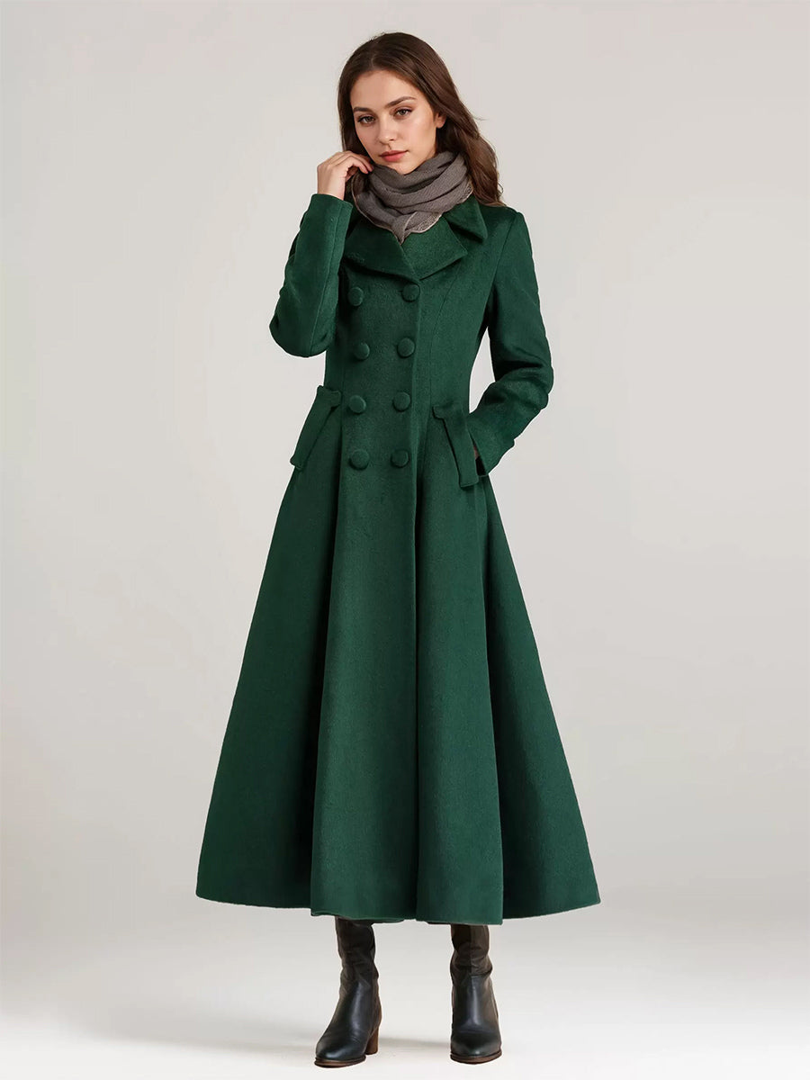 Wool Blend Flared Coat For Women Dark Navy Double-breasted Wide Lapel A-line Winter Outerwear 2026