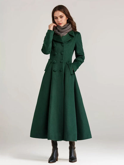 Wool Blend Flared Coat For Women Dark Navy Double-breasted Wide Lapel A-line Winter Outerwear 2026