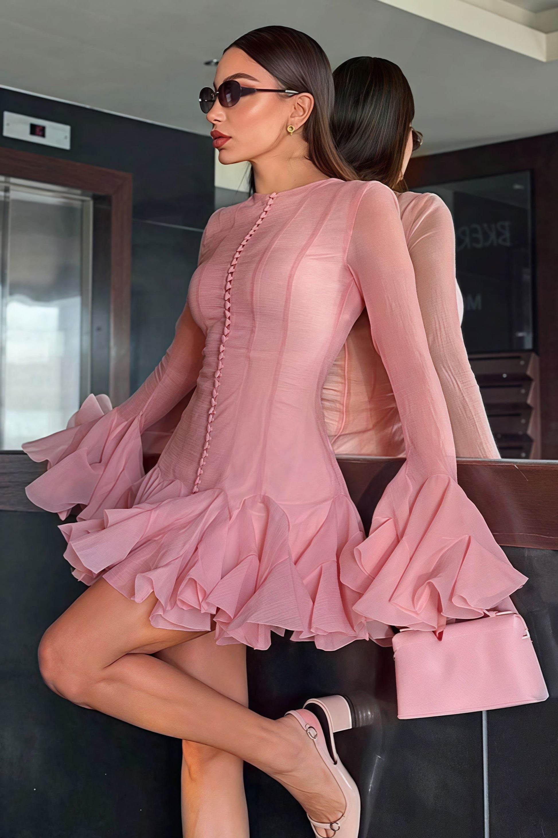 High Neck Button Front Long Sleeve Tiered Ruffle Flounce Mini Dress