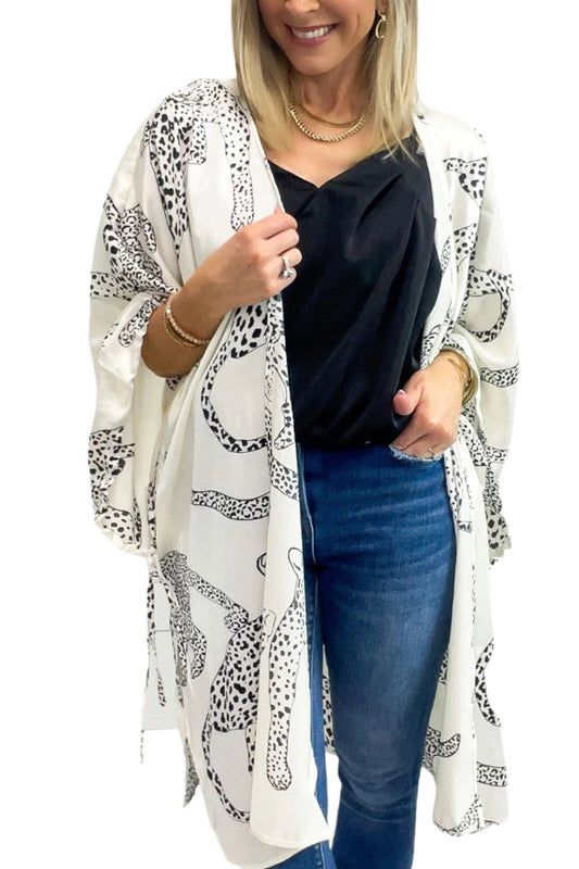 White Cheetah Print Loose Fit Open Front Kimono