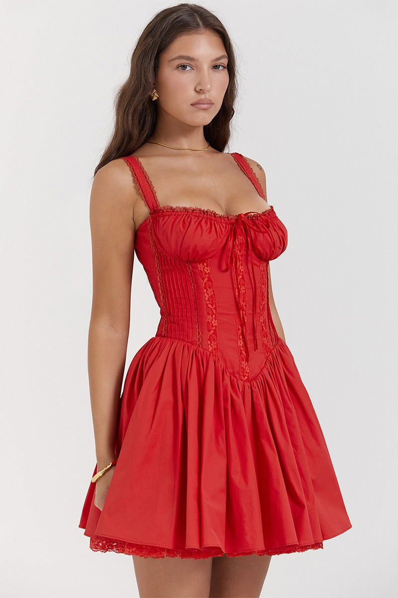 Corset Scoop Neck Tie Front Ruffle Strap Fit and Flare Mini Dress