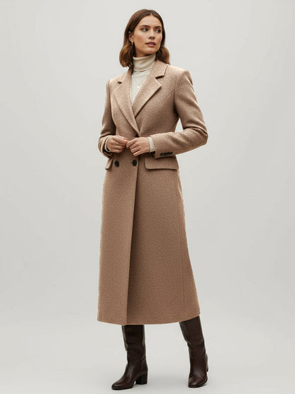 Woolen Double-Breasted Long Coat With Notch Lapel And Flap Pockets For Women 2026