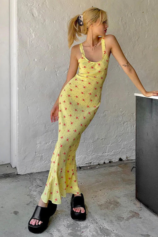 Floral Print Suspender Dress Long Fishtail Maxi Dress