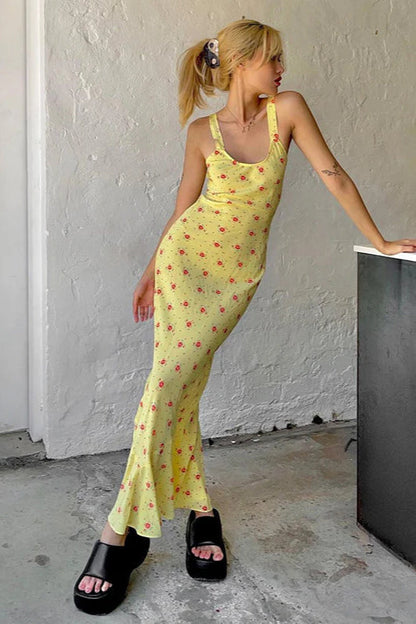 Floral Print Suspender Dress Long Fishtail Maxi Dress