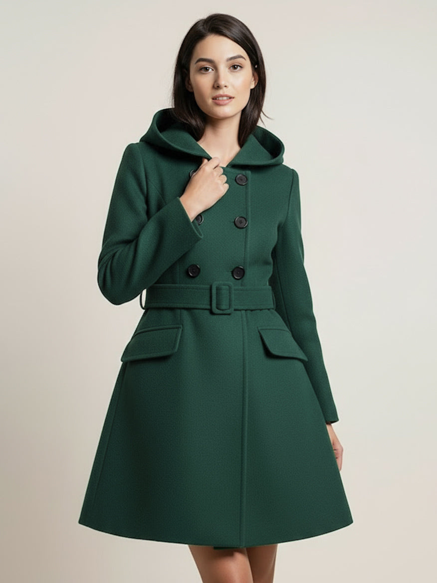 Hooded A-Line Midi Coat With Double-Breasted Design And Belt For Women 2026