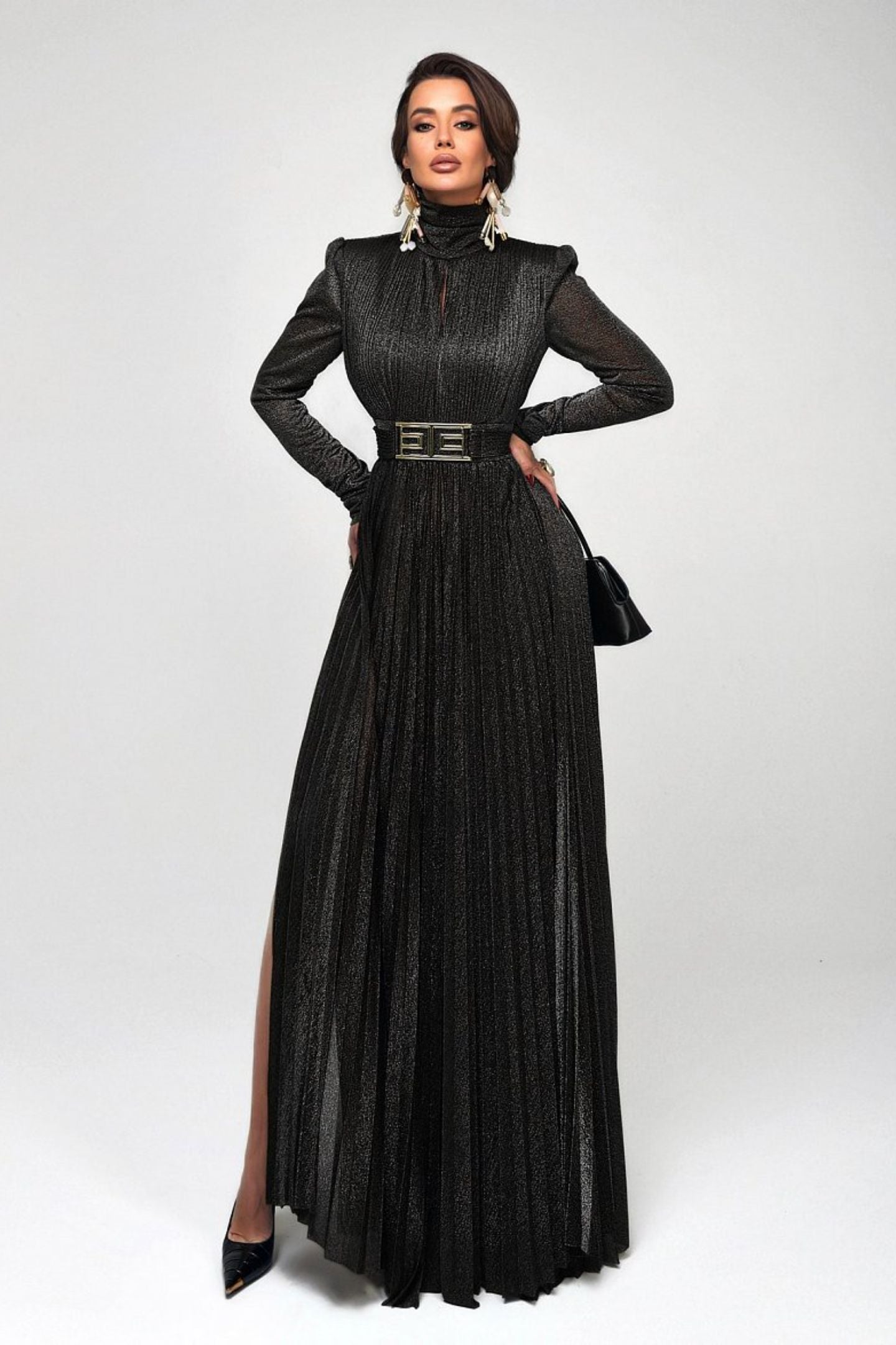 Elsie Metallic Pleated Belted Maxi Dress