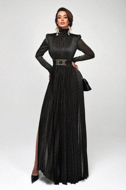 Elsie Metallic Pleated Belted Maxi Dress