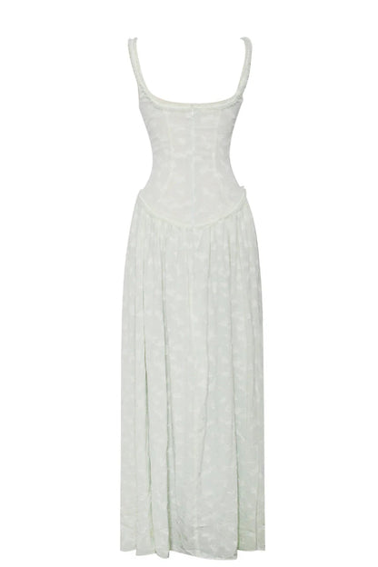 Ulissa Light Green Square Neck Jacquard Textured High Slit Maxi Dress