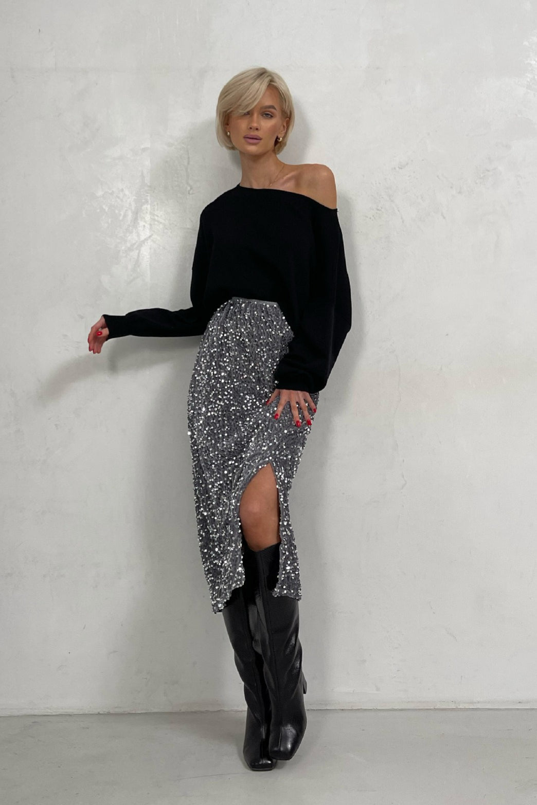 Sequin High Waist Slit Bodycon Midi Skirt