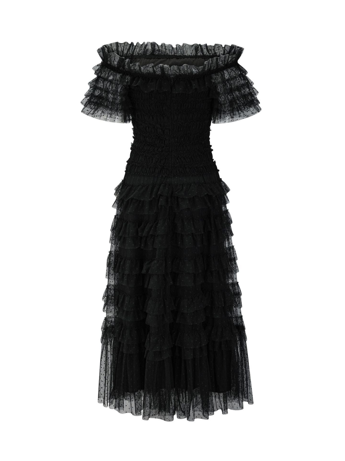 Party Maxi Dresses Embellished Collar Ruffles Polka Dot Sheer Semi Formal Dress