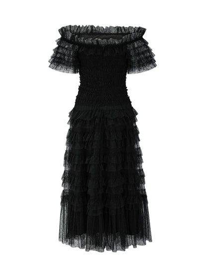 Party Maxi Dresses Embellished Collar Ruffles Polka Dot Sheer Semi Formal Dress