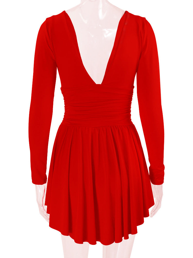 Fit And Flare Dress Plunge Long Sleeves Short Swing Dresses In Solid Color