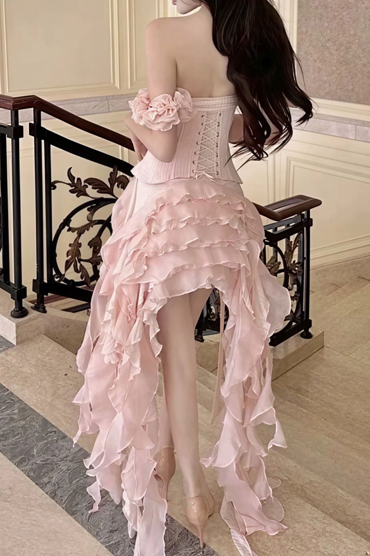Halter Corset Button Front Detached Ruffle Sleeve Shredded Fringe Mini Dress