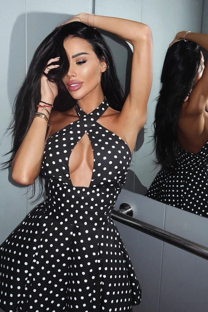 Polka Dot Halter Crossover Keyhole Ruched Waist Flared Mini Dress