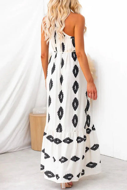 Bow Knot One Shoulder Printed Ruffle Maxi Dress