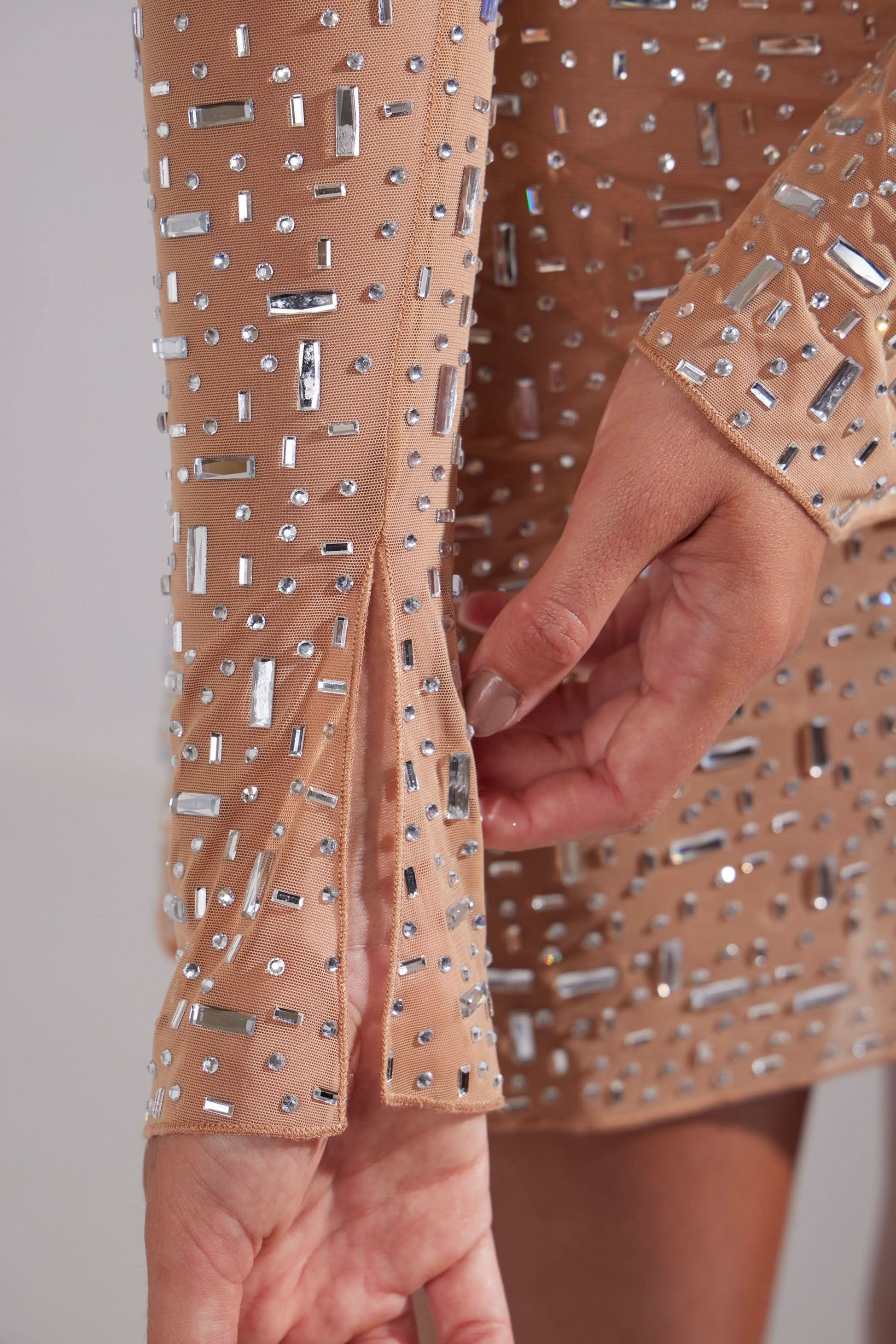Square Neck Rhinestone Embellished Long Sleeve Bodycon Mini Dress