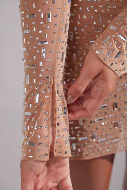 Square Neck Rhinestone Embellished Long Sleeve Bodycon Mini Dress