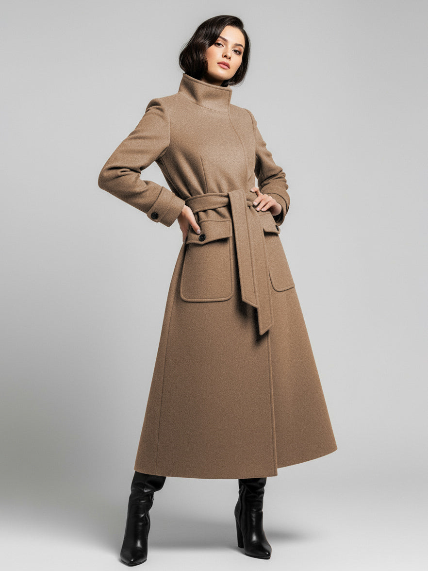 Belted Woolen Stand-Collar Long Winter Coat With Functional Pockets For Women 2026
