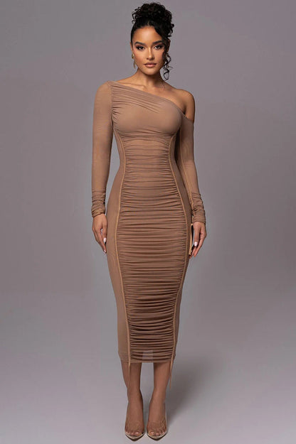 Asymmetric One-Shoulder Mesh Ruched Piping Drawstring Midi Dress