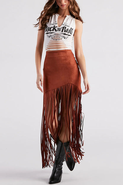 Stylish Tassel Hem Slim-fit Suede Casual Midi Skirt