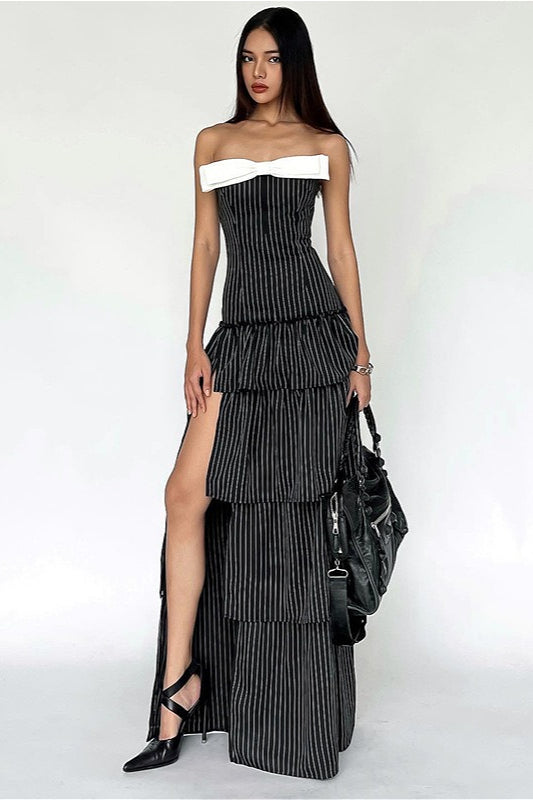 Sexy Striped Ruffle Hem Strapless Maxi Dress