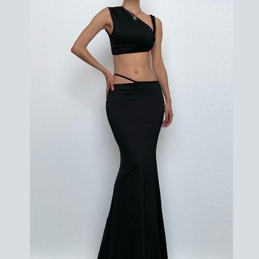 Ruched irregular solid crop maxi skirt set-final-sale