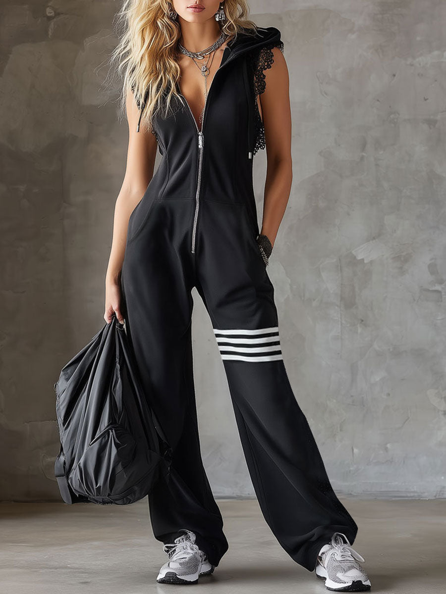 Women’s Sleeveless Long Jumpsuit - Hoodie Striped Casual Outfit