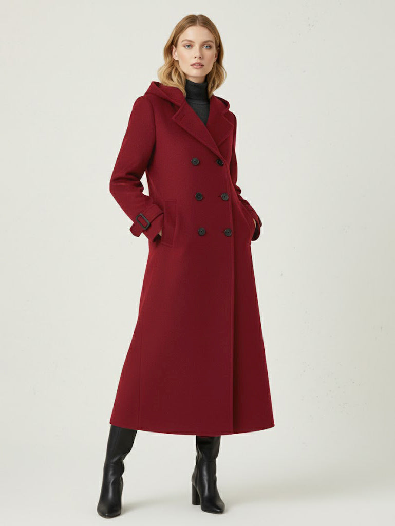 Hooded Double-Breasted Long Woolen Coat With Cuff Tabs For Women 2026
