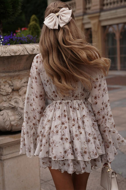 Floral Print Button-Front Drawstring Tiered Bell Sleeve V-Neck Mini Dress