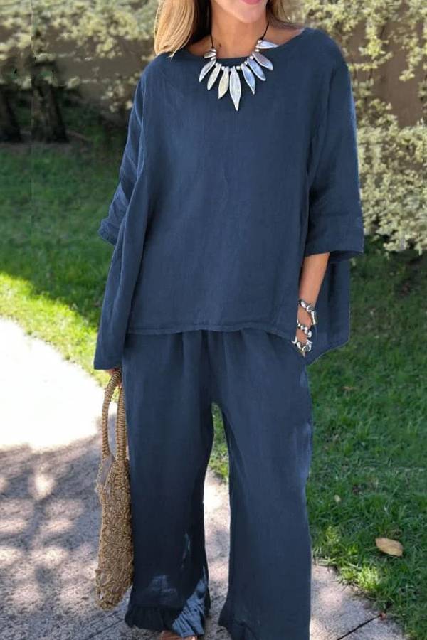 Casual Solid Color Loose Top & Pants Cotton Linen Two-piece Set