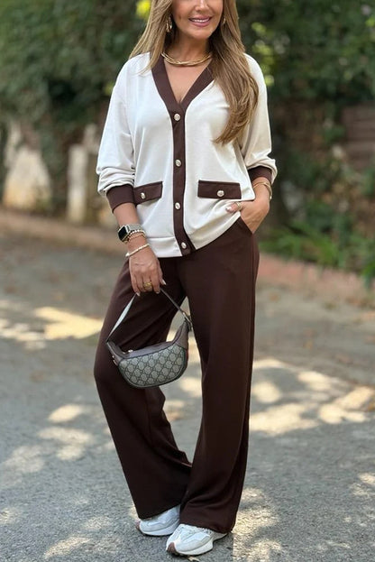Stylish Color-blocked V-neck Knitted Button-down Cardigan and Elastic Waist Casual Wide-leg Pants Set