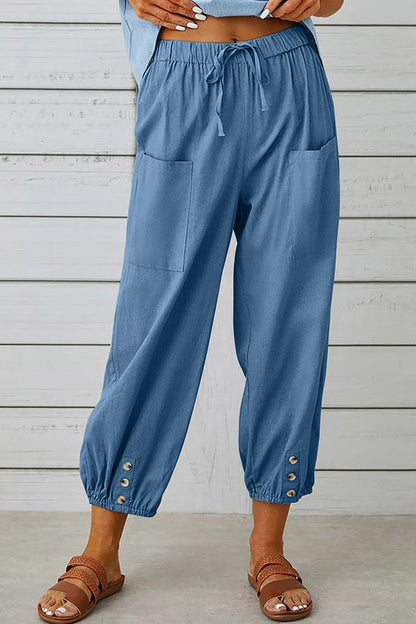 Loose casual button down cropped cotton linen trousers wide leg