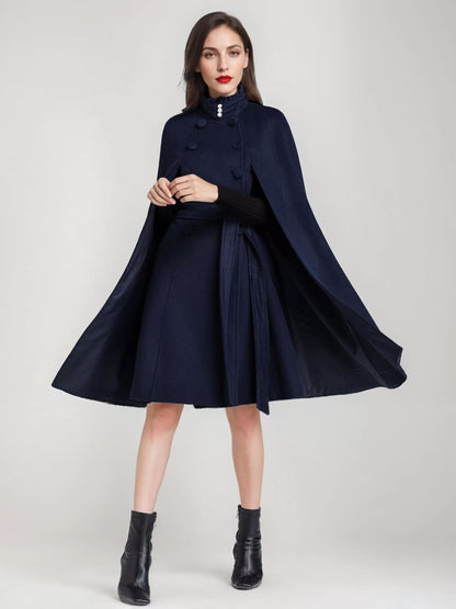 Wool Blend Cape Coat For Women Stand Collar Dark Navy Belted Oversized Poncho Outerwear 2026
