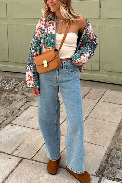 Fashion Printed Loose Casual Cardigan Short Quilted Cotton Jacket